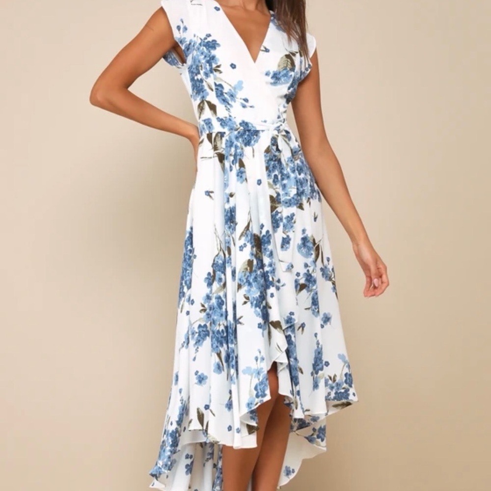 Lulus - High-Low Floral Blue and White Women's Dress